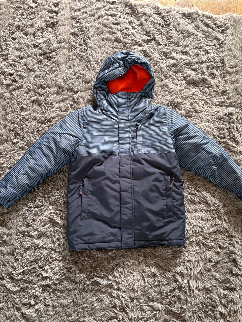Place Boys' Navy & Gray Hooded Puffer Jacket with Orange Lining